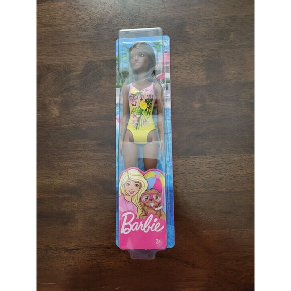 Barbie Beach Doll African American Brunette with Floral Print swimsuit new 2019 - Picture 1 of 8